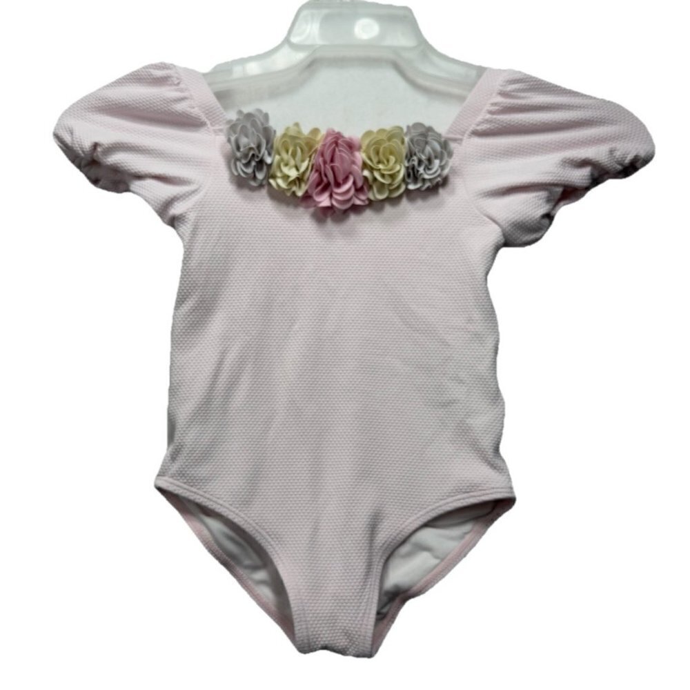 Janie and Jack Pink Leotard with Floral Neckline Sz 6 Kids Girl Swimsuit 1 Piece